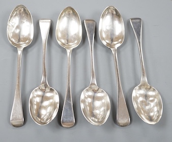 A set of six William IV provincial silver Old English pattern dessert spoons, Whitwell, Barber & North, York, 1832, 7oz.